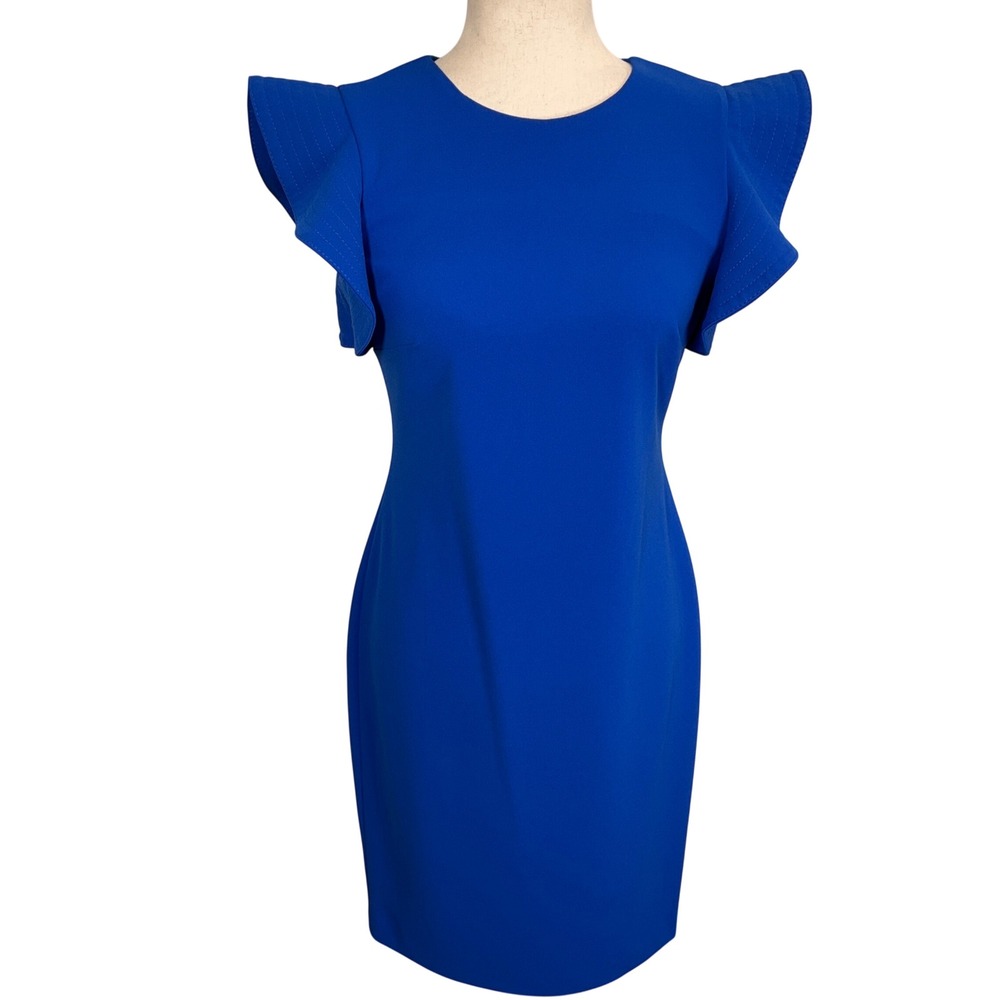 Calvin Klein‎ Sheath Dress Womens 4 Cobalt Blue Ruffle Gold Crepe